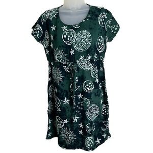 Women's Mini Dress Small Green Celestrial‎ Stars Sun Moon Drawstring Waist Boho